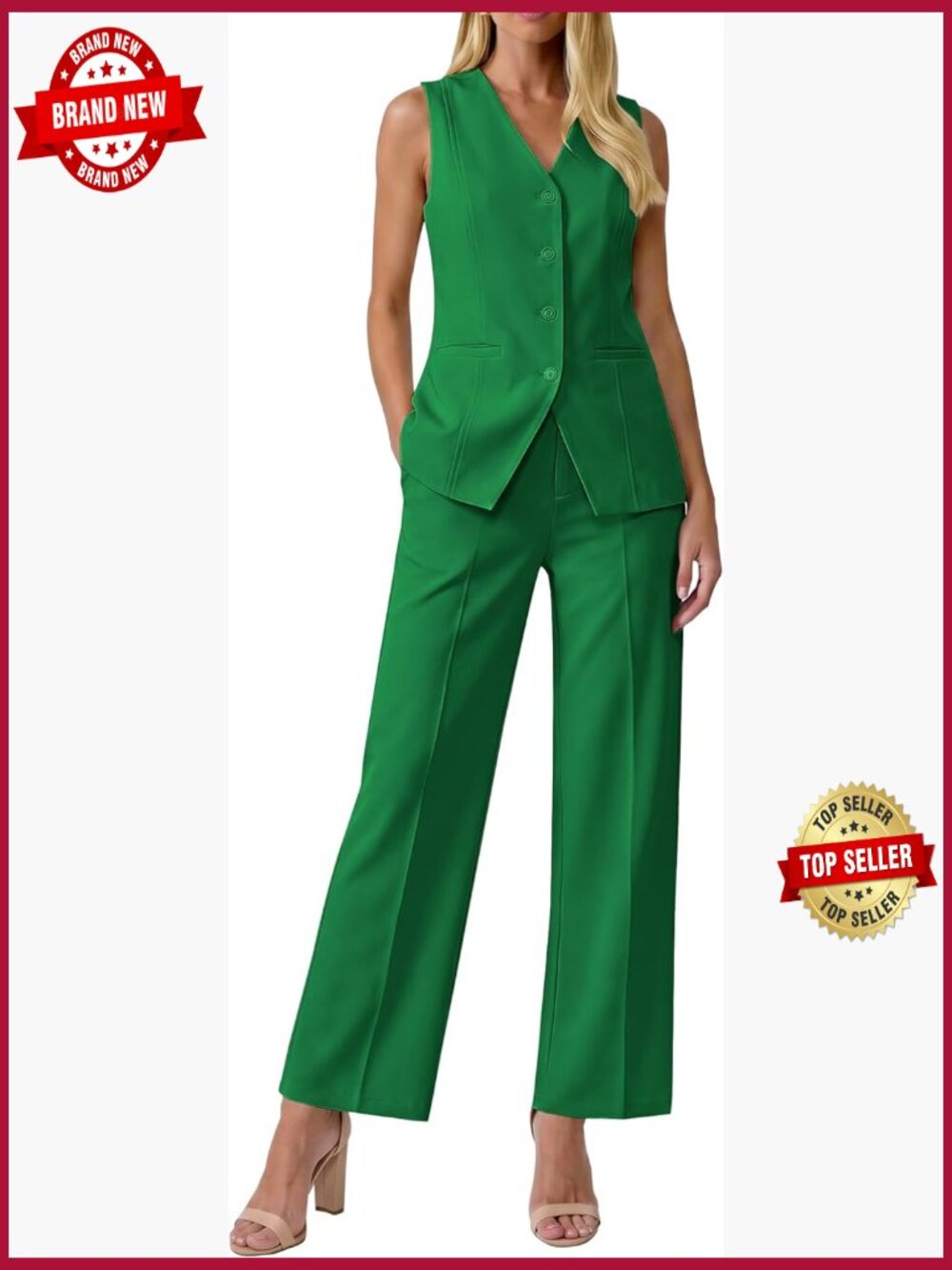 Women's 2 Piece Pantsuit Set - Sleeveless Vest & Straight Leg Pants - Business
